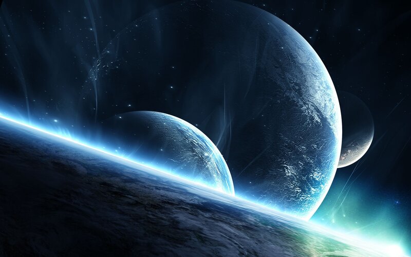 Planets in Space — Blue, Dramatic, Digital Art, Stars, Light