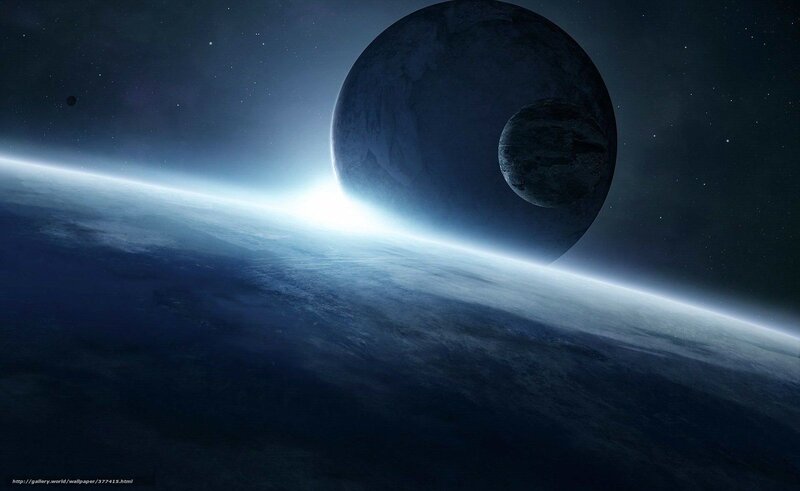 Planets in Space — Blue, Dramatic, Digital Art, Stars, Moon, Atmosphere