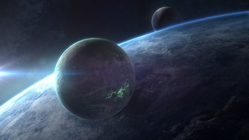 Planets in Space — Blue, Dramatic, Digital Art, Stars, Moon, Lightning