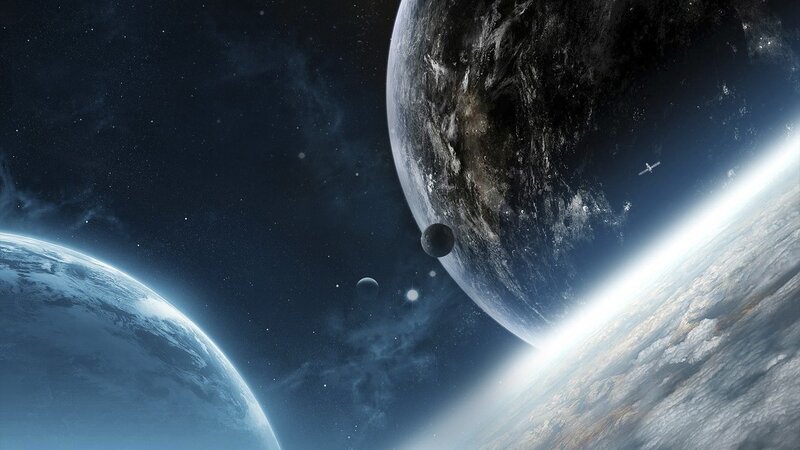 Planets in Space — Blue, Dramatic, Digital Art, Stars, Moon, Satellite