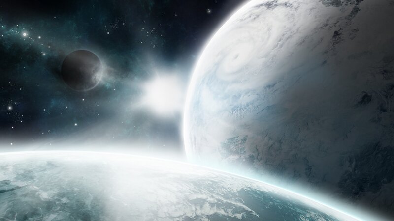 Planets in Space — Blue, Dramatic, Digital Art, Stars, Moon, Sun