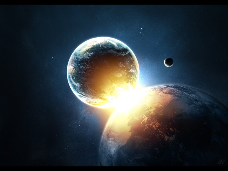 Planets in Space — Blue, Dramatic, Digital Art, Stars, Moon