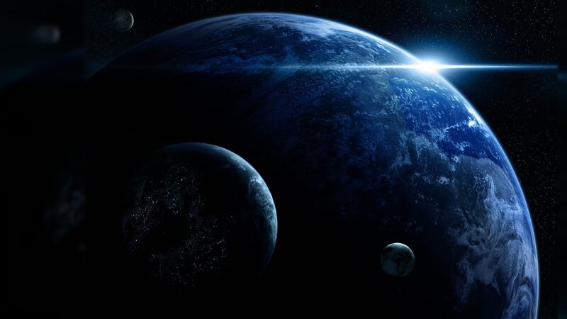 Planets in Space — Blue, Dramatic, Digital Art, Stars, Moons, Black