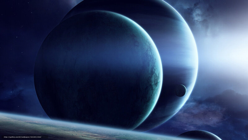Planets in Space — Blue, Dramatic, Digital Art, Stars, Moons, Nebula