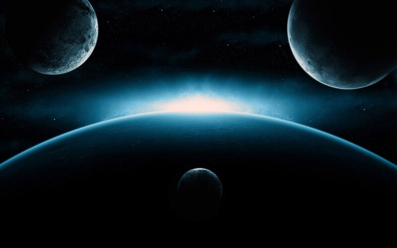 Planets in Space — Blue, Dramatic, Digital Art, Stars, Moons, Planet