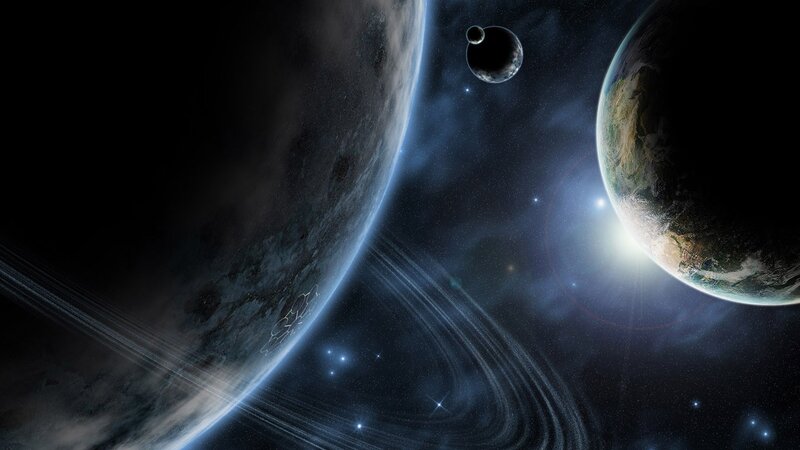 Planets in Space — Blue, Dramatic, Digital Art, Stars, Moons, Rings