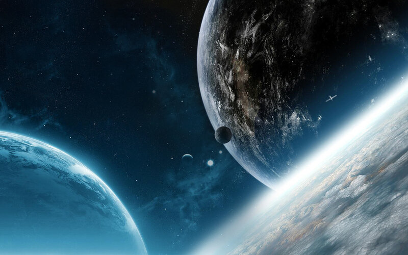 Planets in Space — Blue, Dramatic, Digital Art, Stars, Moons, Satellite
