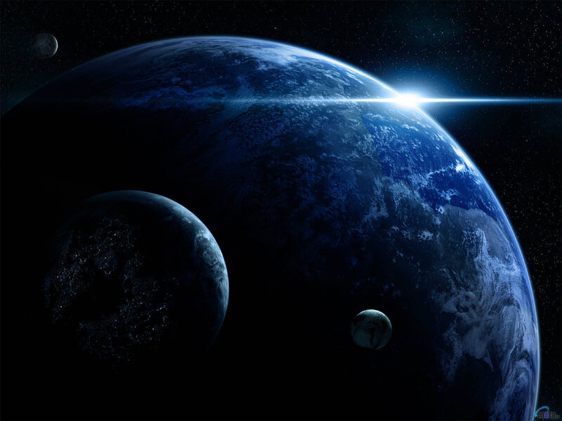 Planets in Space — Blue, Dramatic, Digital Art, Stars, Moons, Sunlight