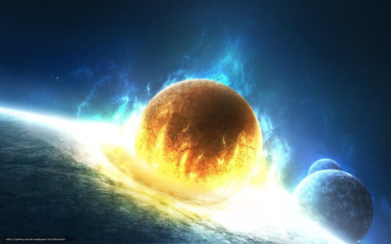 Planets in Space — Blue, Dramatic, Digital Art, Stars, Nebula, Cracked Planet