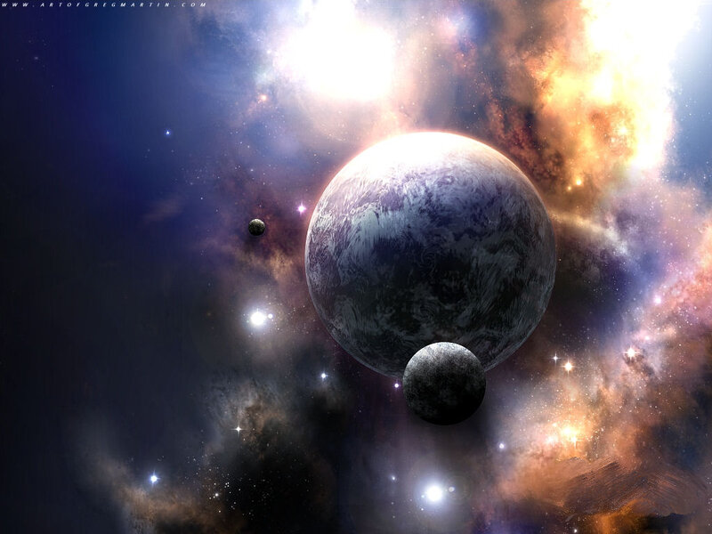 Planets in Space — Blue, Dramatic, Digital Art, Stars, Nebula, Moons