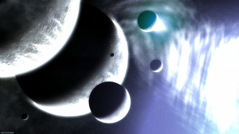 Planets in Space — Blue, Dramatic, Digital Art, Stars, Nebula, Moons, White