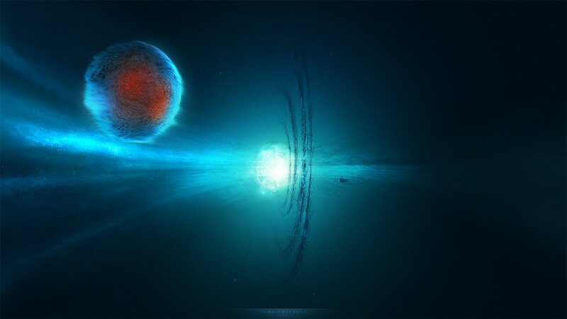 Planets in Space — Blue, Dramatic, Digital Art, Stars, Nebula, Planet, Black, White