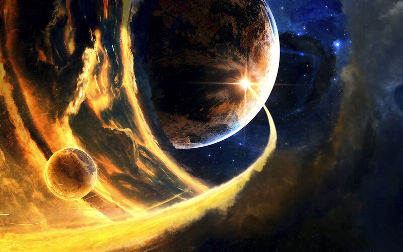Planets in Space — Blue, Dramatic, Digital Art, Stars, Nebula, Planet