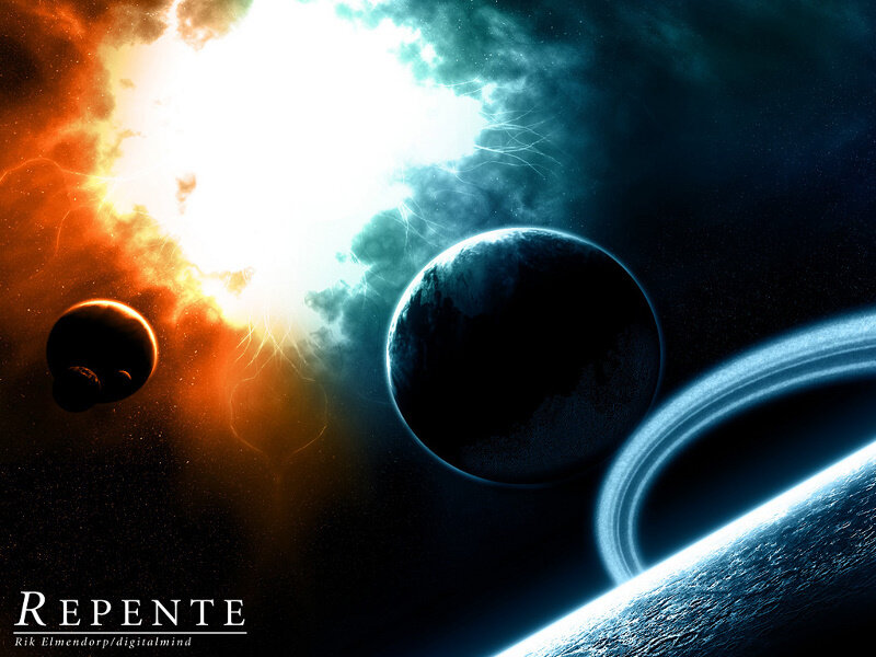 Planets in Space — Blue, Dramatic, Digital Art, Stars, Nebula, Rings