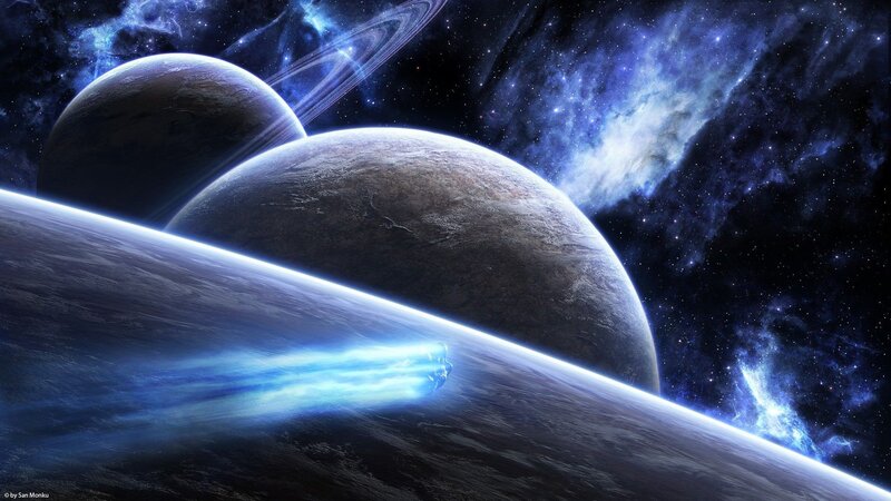 Planets in Space — Blue, Dramatic, Digital Art, Stars, Nebula, Spaceship