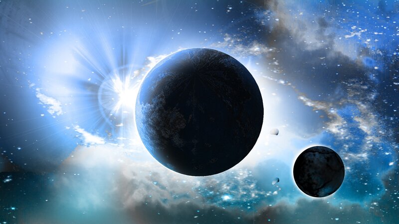 Planets in Space — Blue, Dramatic, Digital Art, Stars, Nebula, Sun, Black, White