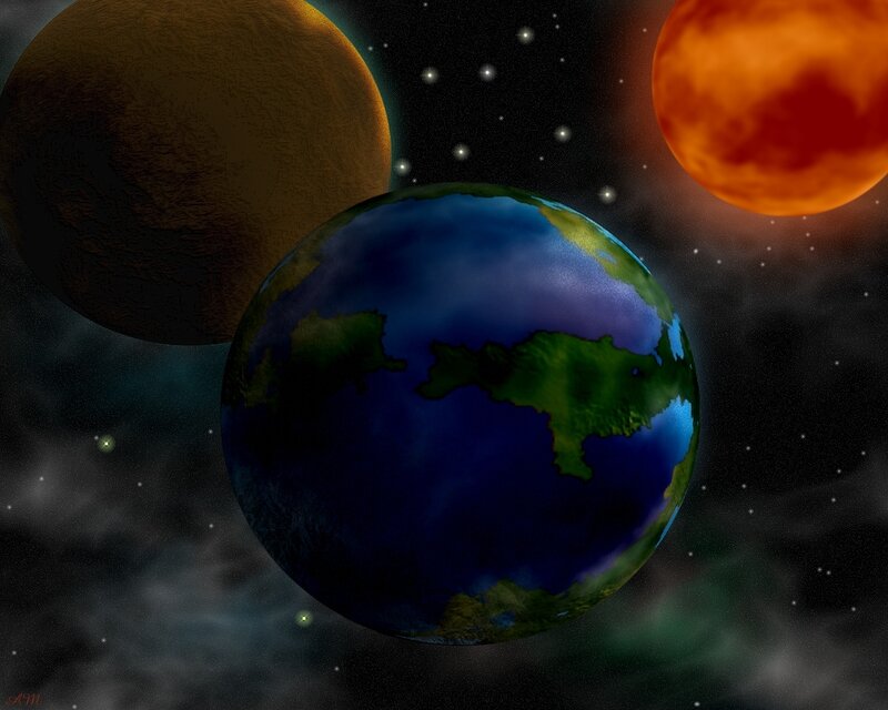 Planets in Space — Blue, Dramatic, Digital Art, Stars, Nebula, Sun, Green, Orange