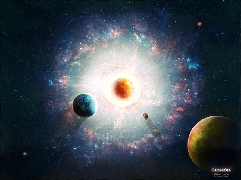 Planets in Space — Blue, Dramatic, Digital Art, Stars, Nebula, Sun