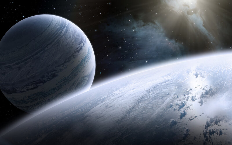 Planets in Space — Blue, Dramatic, Digital Art, Stars, Nebula, Sunlight