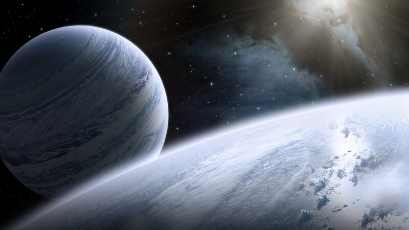 Planets in Space — Blue, Dramatic, Digital Art, Stars, Nebula, Sunlight, White