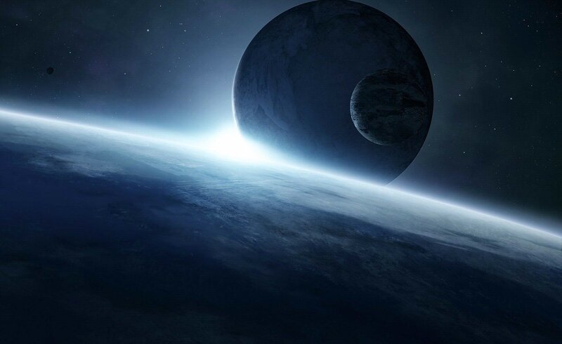 Planets in Space — Blue, Dramatic, Digital Art, Stars, Planet, Moon, Black, White
