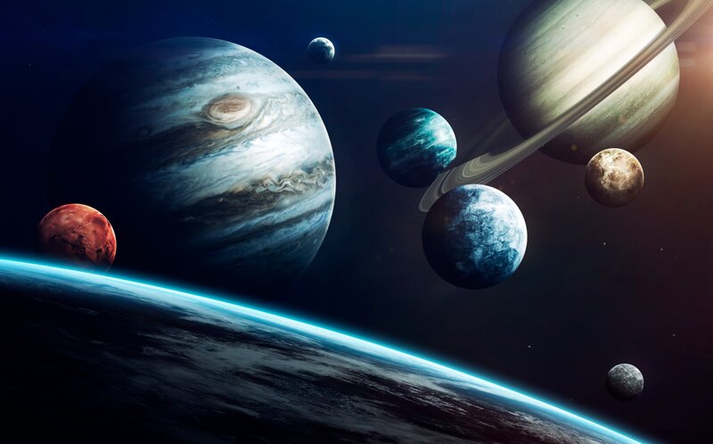 Planets in Space — Blue, Dramatic, Digital Art, Stars, Planet, Moon, Ring