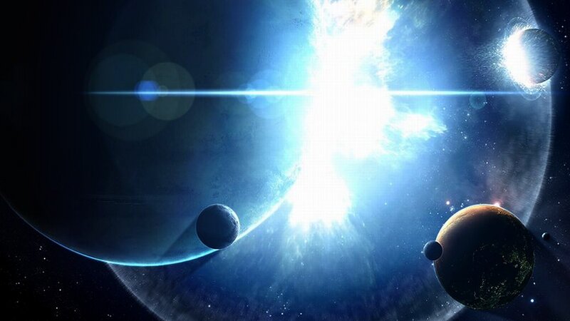 Planets in Space — Blue, Dramatic, Digital Art, Stars, Planet, Moon, Sun