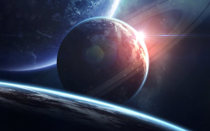 Planets in Space — Blue, Dramatic, Digital Art, Stars, Rings, Sunlight