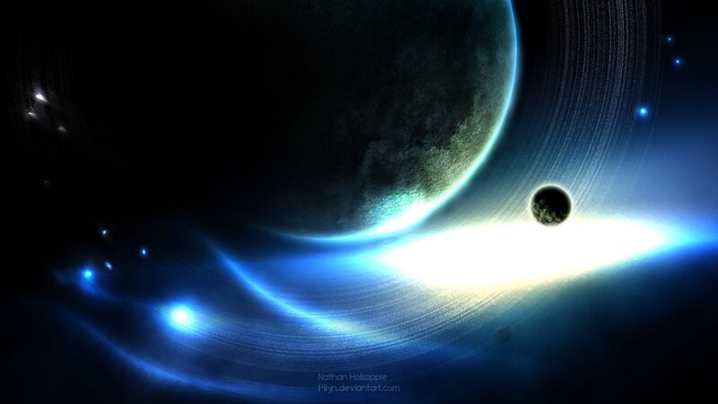 Planets in Space — Blue, Dramatic, Digital Art, Stars, Rings