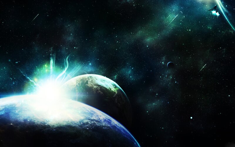 Planets in Space — Blue, Dramatic, Digital Art, Stars, Spacecraft, Meteor