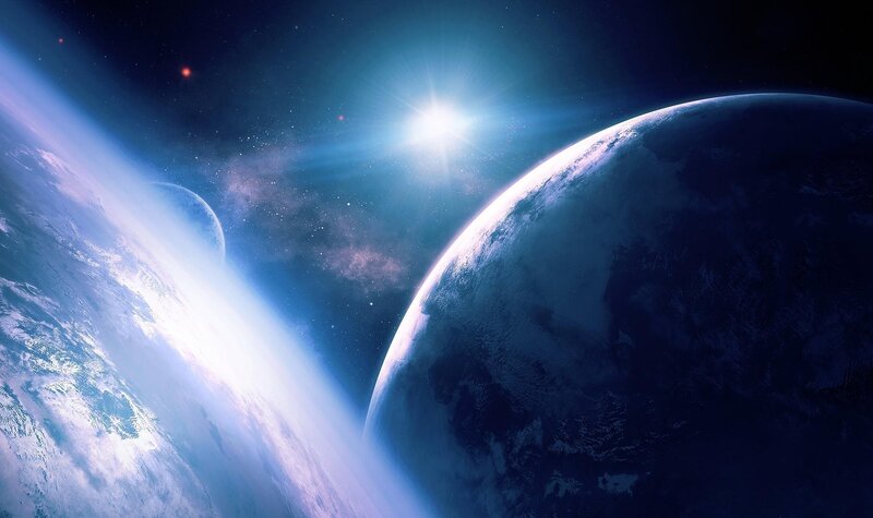 Planets in Space — Blue, Dramatic, Digital Art, Stars, Sun, Galaxy