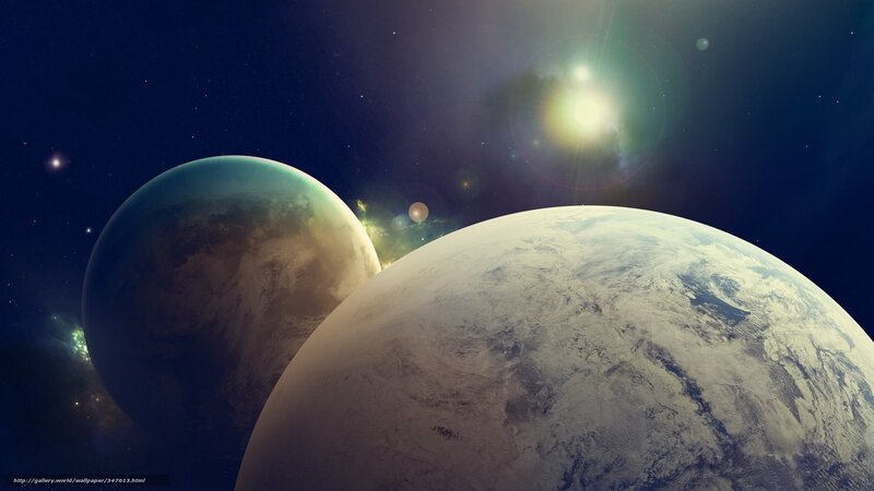 Planets in Space — Blue, Dramatic, Digital Art, Stars, Sun, Nebula