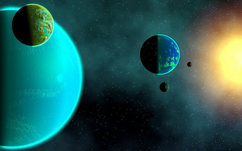 Planets in Space — Blue, Dramatic, Digital Art, Stars, Sun