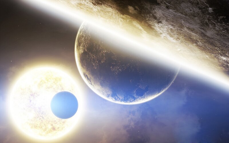 Planets in Space — Blue, Dramatic, Digital Art, Sun, Moon, Stars