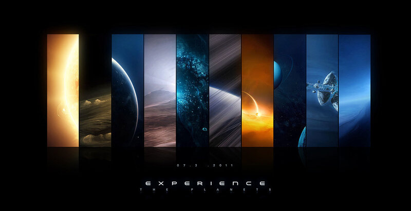 Planets in Space — Blue, Dramatic, Digital Art, Sun, Moon