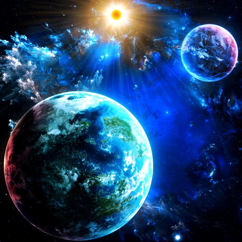 Planets in Space — Blue, Dramatic, Digital Art, Sun, Nebula