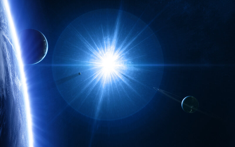 Planets in Space — Blue, Dramatic, Digital Art, Sun