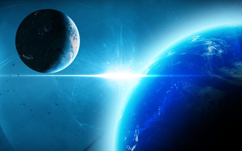 Planets in Space — Blue, Dramatic, Digital Art, Sunlight