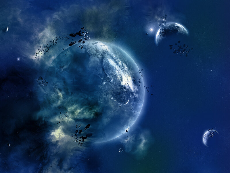 Planets in Space — Blue, Dramatic, Night, Digital Art, Asteroids, Nebula