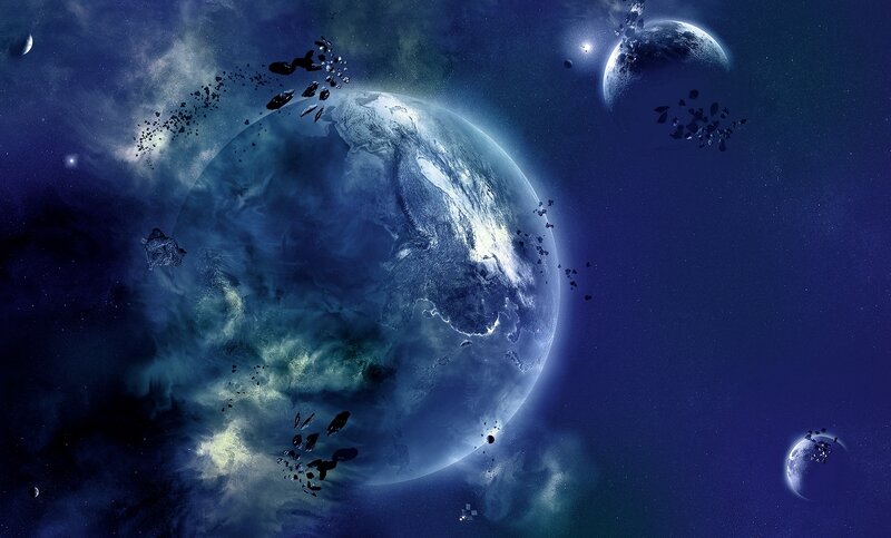 Planets in Space — Blue, Dramatic, Night, Digital Art, Asteroids, Stars, Nebula