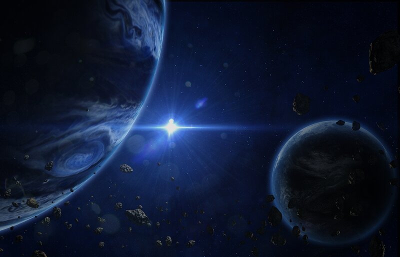 Planets in Space — Blue, Dramatic, Night, Digital Art, Asteroids