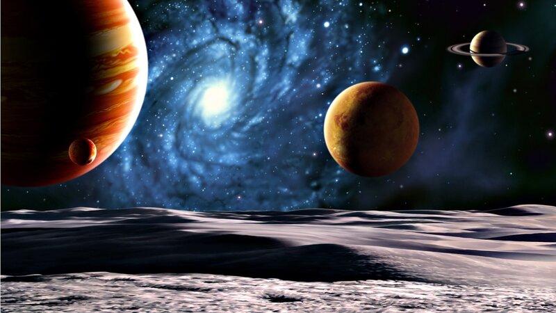 Planets in Space — Blue, Dramatic, Night, Digital Art, Galaxy