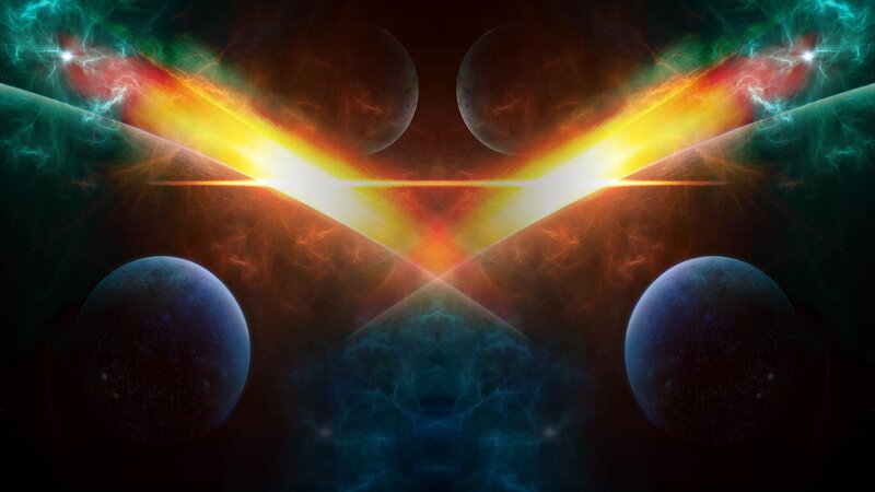 Planets in Space — Blue, Dramatic, Night, Digital Art, Light Beams