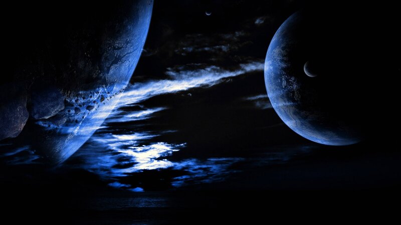 Planets in Space — Blue, Dramatic, Night, Digital Art, Moons, Asteroids, Clouds