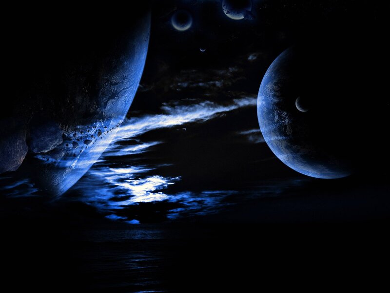 Planets in Space — Blue, Dramatic, Night, Digital Art, Moons, Clouds, Ocean, Black