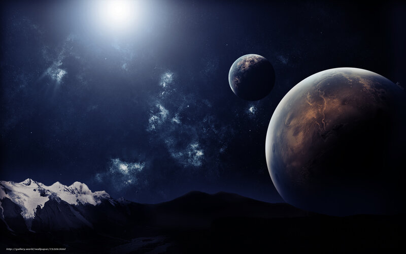Planets in Space — Blue, Dramatic, Night, Digital Art, Mountains