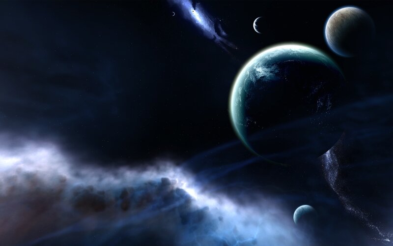 Planets in Space — Blue, Dramatic, Night, Digital Art, Nebula, Moons