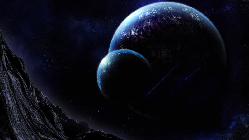 Planets in Space — Blue, Dramatic, Night, Digital Art, Rocky Surface
