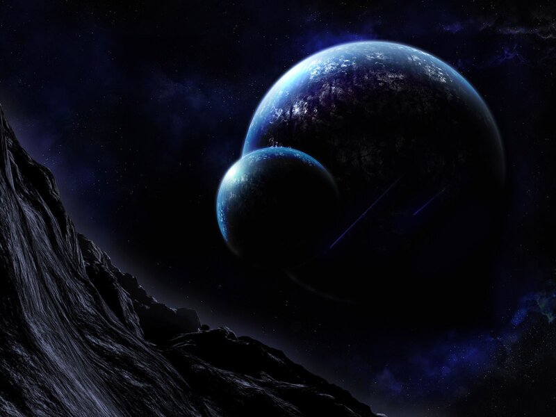 Planets in Space — Blue, Dramatic, Night, Digital Art, Rocky Terrain