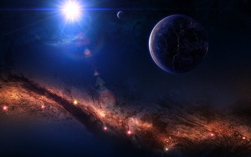 Planets in Space — Blue, Dramatic, Night, Digital Art, Star, Galaxy, Moon